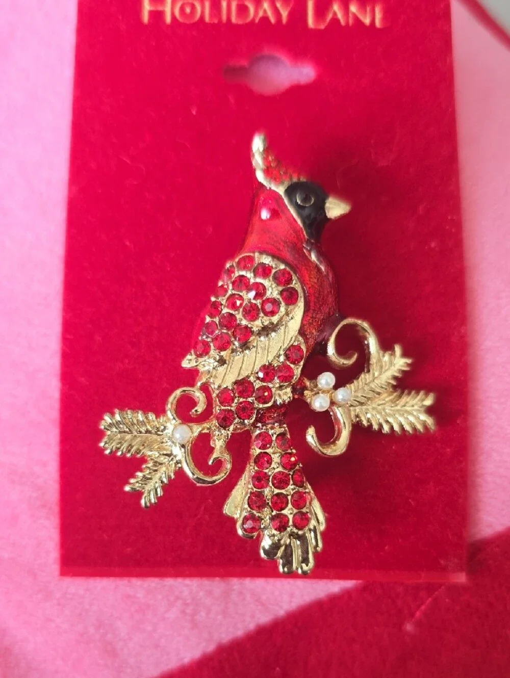 Macy's Vintage Holiday Lane Red and Gold Cardinal Brooch
